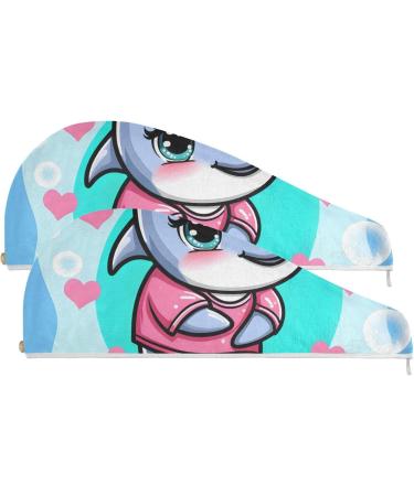 Cute Cartoon Dolphin Girl Hair Towels 2 Pack - Super Absorbent Quick Dry Turbans for Women & Girls - Buy Online on GoSupps.com