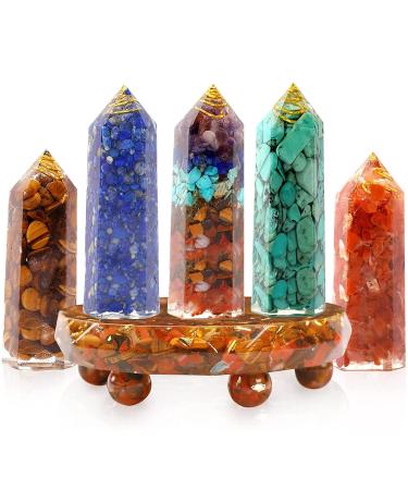 Healing Crystal Wand Set of 6 Orgonite Including 2" Tiger Eye, Lapis Lazuli, Seven Chakra Stone Mixed Crystal, Turquoise, Red Agate and Crystal Holder for Chakra Balancing Meditation Wiccan Gifts