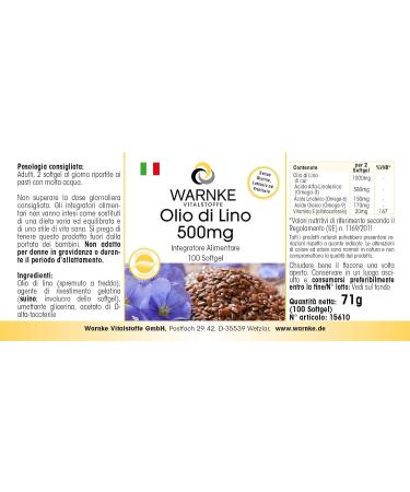 Organic Linseed Oil Softgels - 58% Alpha Linolenic Acid - 500mg Omega-3 Fatty Acid - Cold Pressed - 100 Softgels - Warnke Vitalstoffe - Buy Online on GoSupps.com