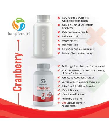 Cranberry 500mg Vegetarian Capsules - UTI Support | Pure Fruit Extract 25,000mg with Vitamin C & E | Herbal Supplement for Urinary Health | 180 Capsules - Buy Online on GoSupps.com