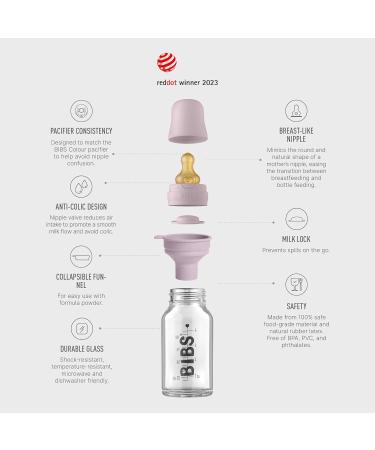 BIBS Baby Glass Bottle 110ml Dusky Lilac Complete Set | Anti-colic with Round Natural Rubber Latex Nipple for Natural Breastfeeding - Buy Online on GoSupps.com