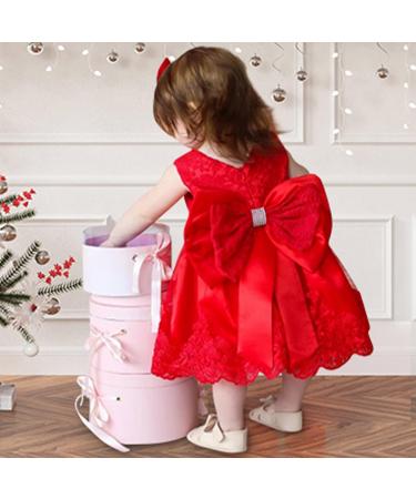 Baby Girls Lace Dress with Bowknot Flower, Wedding Pageant Baptism Tutu Gown - Red - Buy Online on GoSupps.com