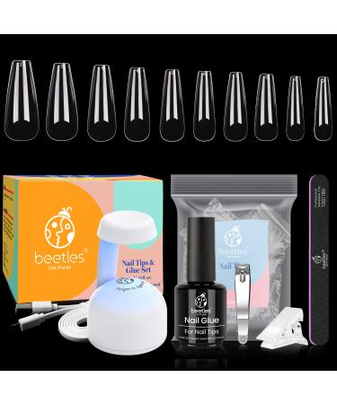 Beetles Acrylic Nail Tips Nail Glue Lamp Kit  2 In 1 15ML Nail Glue Gel with Long Coffin False Nail and UV LED Nail Lamp for Easy and Fast Nail Extension DIY Nail Art