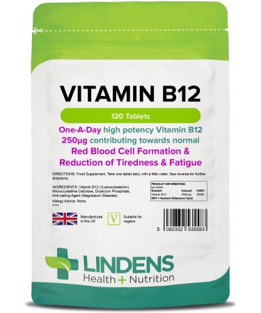Lindens Vitamin B12 250mcg - 120 Pack Tablets for Red Blood Cell Formation and Fatigue Reduction - Fast Absorption - UK Manufacturer Letterbox Friendly Cherry 120 Count (Pack of 1)