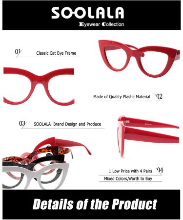 Soolala Women's Cat Eye Reading Glasses - 4 Pairs Mixed Colors - 1.75x Magnification - Buy Online on GoSupps.com