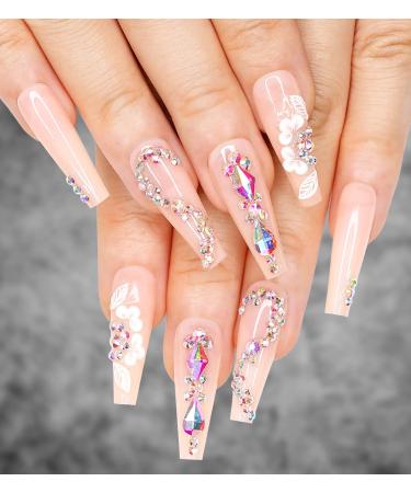 Artquee 24pcs Light Nude Pink Clear Press on Nails Long Ballerina Glossy Fake Nail Art Luxury 3D Flower With Rhinestones Coffin False Tips Artificial Manicure Stick for Women and Girls Decoration Light Nude Luxury