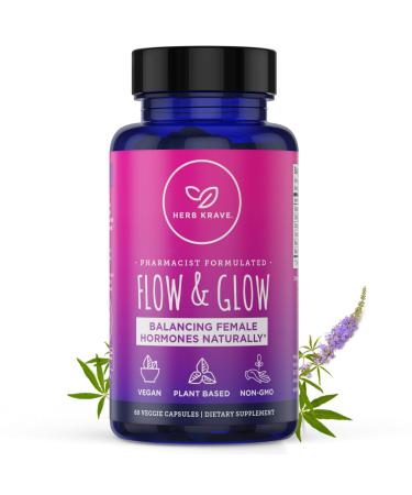 Herb Krave- Flow and Glow Natural Hormone Balance for Women: PMS & Menopause Relief- for Cramps, Hot Flashes, Mood Swings with Dong Quai & Black Cohosh for Menopause. 60 Count (Pack of 1)