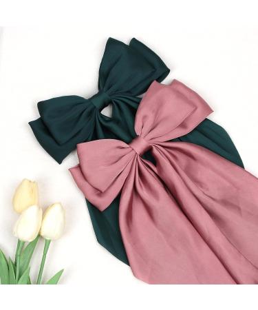 Satin Hair Barrettes Clip for Women - 4 PCS Large Bow Hair Slides in Pink Green Yellow Champagne - French Barrette with Long Tail - Soft Plain Color Bowknot Hairpin for 90's Style Accessories - Buy Online on GoSupps.com