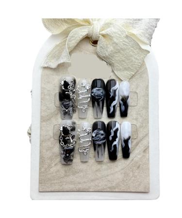 Chinese style ink dragon dark series nail art handmade wearable high-end long removable fake nail patches 10PCS (Size : XS)