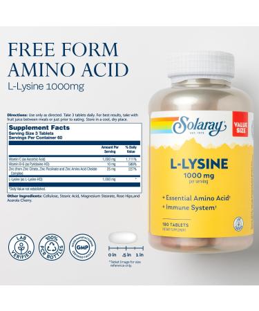 SOLARAY L-Lysine 1000 mg - Essential Amino Acid Supplement with Vitamin C & Zinc 60 Servings Lab Verified Immune Support 180 Tablets - Buy Online on GoSupps.com