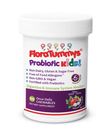 FloraTummys Kids Chewable Probiotic Prebiotics: Non-Dairy Gluten & Sugar-Free Peanut & Soy Free Non-GMO Tested & Free of Food Allergens Vegan Kosher Berry Flavor(1 Bottle) 1 Count (Pack of 30)