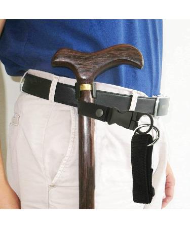 Adjustable Elastic Wrist Straps and Hands Free Walking Stick Cane Clip Holder - Attach to Belt or Waist Band -(Suitable for 7/8 1") Perfect Solution - for Camping & Hiking - No Cane