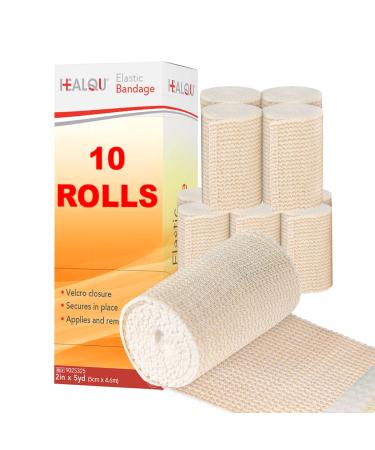 HEALQU Elastic Bandage - Self-Closure Compression Wrap for Legs, Knees, Ankles, Wrists, Elbows, Shoulders - 2 Inch by 5 Yards, Box of 10 Rolls Athletic Stretchable Bandage Wrap 2" - Box of 10