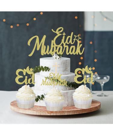 Gold Glitter Eid Mubarak Cake Topper and Cupcake Toppers for Mubarak Party Decor - Buy Online on GoSupps.com