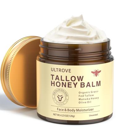 Ultrove Beef Tallow and Honey Balm for Skin Natural Face + Body Moisturizer with Organic Grass-Fed Beef Tallow & Raw Wild Honey for Dry & Sensitive Skin 4.23oz