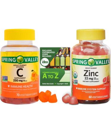 Spring Valley Zinc Organic Vegetarian Gummy 22mg 60ct + Vegetarian Vitamin C Gummies 250 mg 70 Ct + Vitamins & Minerals - A to Z - Better Idea Guide - Optimal Immune System Support