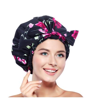 Reusable Shower Cap for Women Long Hair  Waterproof Large Shower Caps Adjustable  Washable  Breathable Black