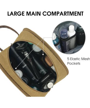 WANDF Travel Toiletry Bag for Men Hanging Dopp Kit Canvas Toiletry Organizer Water-Resistant Vegan Leather Shaving Bag for Toiletries Accessories (Khaki) Brown - Buy Online on GoSupps.com