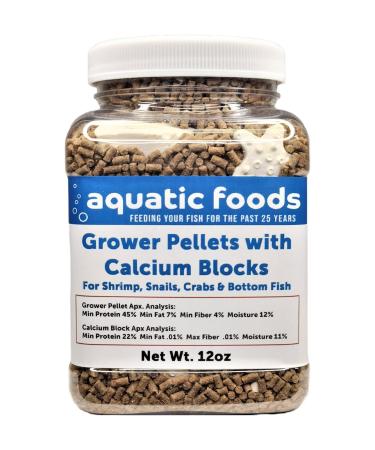 Aquatic Foods Inc. Calcium Blocks Included in Shrimp Grower 45% Protein 1/16" x 3/8" Sinking Pellets for Shrimp Snails Crabs Catfish Plecos Bottom Fish All Tropical Fish...12oz Jar