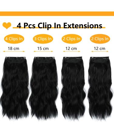 Clip In Beach Wavy Hair Extensions - 4 Pieces Black Synthetic Hair for Women | Thick Soft 50cm Full Head Extensions (1B#) - Buy Online on GoSupps.com