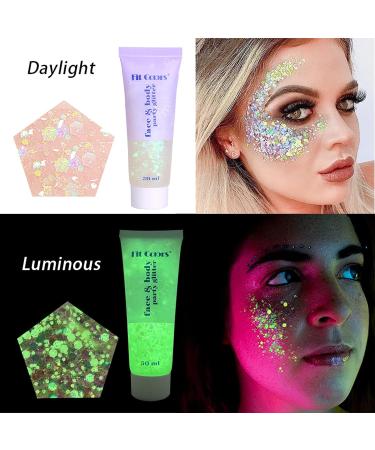 Glow in The Dark Body Glitter Gel - Holographic Chunky Makeup for Face, Body & Hair - Waterproof & Long Lasting - Carnival Party Luminous Glitter Gel (8 Colors) - Buy Online on GoSupps.com