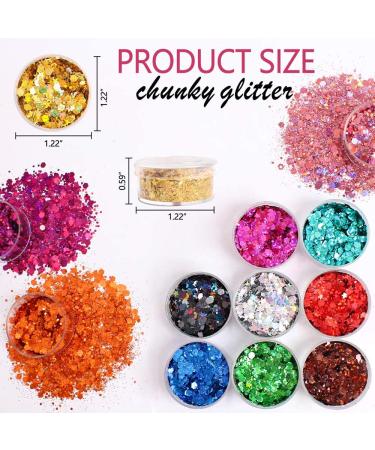 Holographic Chunky Glitter Sequins - 12 Colors Mix for Face, Body, Eyes, Hair, Nails - Festival Makeup Glitter with Various Hexagon Sizes and Stars (Laser Mix) - Buy Online on GoSupps.com