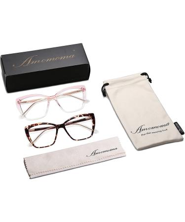 AMOMOMA TR90 Oversized Blue Light Reading Glasses Women | Stylish Square Cat Eye | AM6031 C5 Pink Crystal + C6 Tortoise 2.0x - Buy Online on GoSupps.com