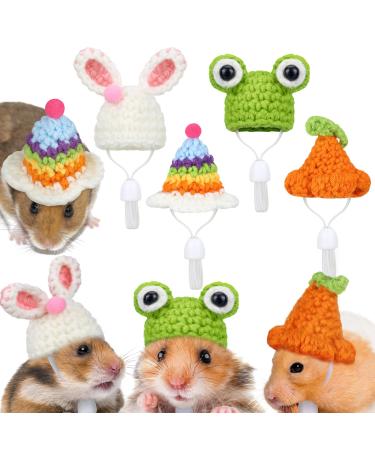 Xuniea 4 Pieces Hamster Hat Mini Small Animals with Adjustable Strap Lovely Hand Knitted Frog Rainbow Carrot Tiny Hats for Lizard Guinea Pig Reptile Christmas Party Clothes Costume Accessories