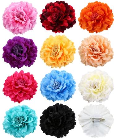 Amuhou Womens Rose Flower Hair Clip Flower Brooch for Bridal Headpiece Flamenco Dancer (Peony 12 Pcs)