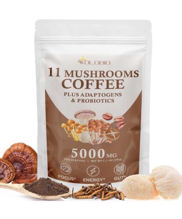 Mushroom Coffee 11 Organic Mushrooms Plus Adaptogens & Probiotics with Lion's Mane Chaga Reishi Cordyceps Complex Instant Coffee for Focus Energy Gut Digestion Immunity - 5.3oz