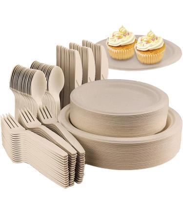 Disposable Paper Plates Set 250Pcs Disposable Dinnerware Set Compostable Plate Sugarcane Utensils Eco Friendly Dinnerware Kit Includes 50 Biodegradable Plates Forks Knives and Spoons for Party