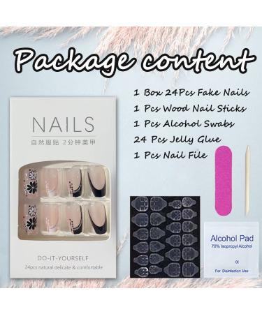 Square Press on Nails - French Tip Fake Nails with Flowers - Black White Silver Glitter - Full Cover Artificial Coffin Nails - Nude False Nails for Women Girls | H10 - Buy Online on GoSupps.com
