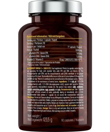  ESSENSEY ESSENSEY - Omega 3 2000 IU | 1000 mg of fish oil per capsule | 90 capsules | Vitamin D3 | with EPA and DHA (as triglycerides) | 90 daily doses | Easy to swallow | Lab tested - Buy Online on GoSupps.com