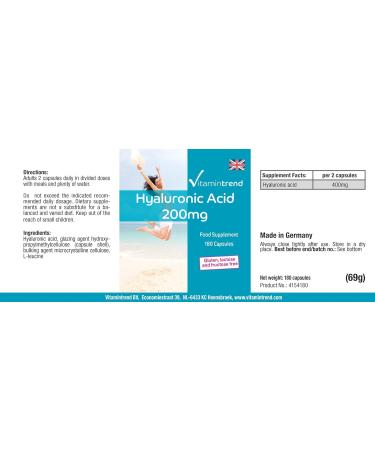 Hyaluronic Acid 200mg - 180 Capsules - Vegan - High Dosage - Bulk Packaging | Vitamintrend  - Buy Online on GoSupps.com