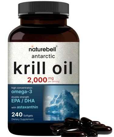 Antarctic Krill Oil 2000mg Supplement 240 Softgels 3X Strength Natural Source of Omega-3s EPA 240mg + DHA 160mg + Astaxanthin 800mcg No Fishy Aftertaste Mercury Free & Non-GMO