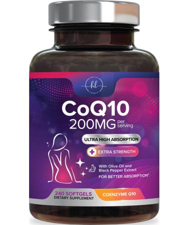 CoQ10 200mg Supplement - Ultra High Absorption Antioxidant for Heart Health & Energy Production Support - Coenzyme Q10 (Ubiquinone) Co Q 10 Supplement & Vitamins 100mg Each - Non GMO - 240 Softgels 240 Count (Pack of 1)
