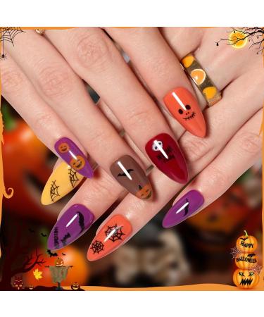Beetles Halloween Nails 6 Colors 168pcs Medium Almond Halloween Press On Nails with Glue and Nail Stickers Yellow Orange Burgundy Glue-on Nails Reusable Acrylic Fake Nails Kit Halloween False Nails 6 Colors Nature'a Palette