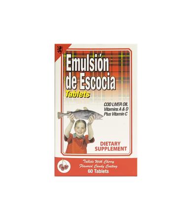 EMULSION DE ESCOCIA Cod Liver Oil Dietary Supplement Vitamins A B1 D and E Immune System Support Cherry Flavor (60 Tablets/Pack of 1)