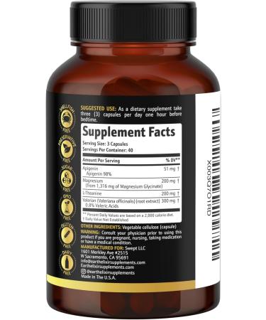 Earth Elixir 4-in-1 Sleep Aid (120 Caps) w/Apigenin 50mg Magnesium Glycinate 200mg L Theanine 200mg & Valerian Root for Sleep Aid 300mg | Apigenin Supplement for Sleep | Sleeping Pills - Buy Online on GoSupps.com