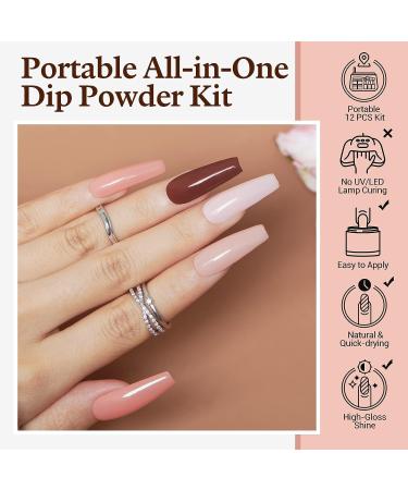AZUREBEAUTY 12 Pc Dip Powder Nail Kit - Skin Tone Fall Winter Nude Brown Set with Base/Top Coat for French Manicure - DIY Gift B-Skin Tone - Buy Online on GoSupps.com