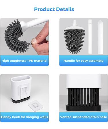 FESODR Toilet Brush with Holder - Silicone Brush Head for Easy Cleaning - Includes 32pcs Hooks - White - Buy Online on GoSupps.com