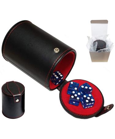 Set of Dice Cup with Storage Compartment Black PU Leather Red Felt Lined + (5) 16mm Tranparent Dice (Gift Boxed) (Blue)