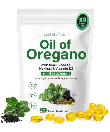 Oil of Oregano Capsules 4-in-1 Organic Oil of Oregano with Black Seed Oil Moringa & Vitamin D3 Softgels for Immune Support Carvacrol & Thymoquinone Non-GMO 300 Softgels- 150 Days Supply