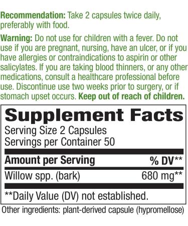 Buy Nature's Way Willow Bark - Non-GMO 680mg 100 Vegan Capsules for Occasional Discomfort Relief - International Shipping Available - Buy Online on GoSupps.com