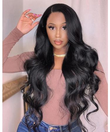 AISI HAIR Long Wavy Black Wigs for Women 28 Inch Body Wave Wig Synthetic Side Part Wigs Natural Looking Heat Resistant Full Wig Daily Black Color Simulated Scalp