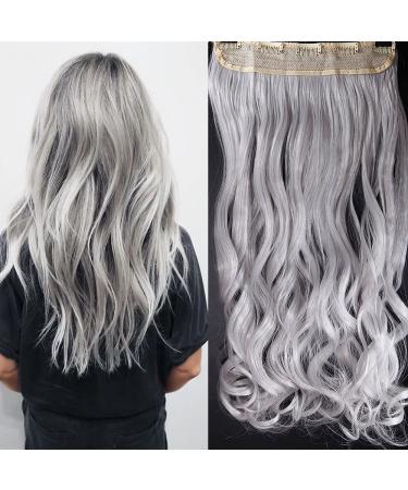 61cm Hairpiece Clip in Extensions 1 Weft 5 Clips Hair Extension Human Hair like Real Hair Wavy Silver-Gray 24"(61cm)-120g