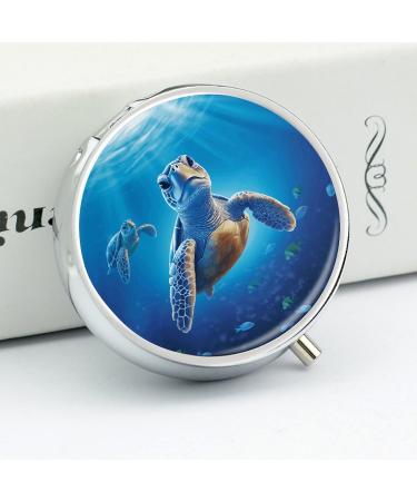 Round Turtle Pill Box | Blue Water Print 3 Compartment Portable Organizer | Decorative Metal Pocket Medicine Case - Style 1 - Buy Online on GoSupps.com