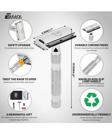 EASACE Long Handle Double Edge Safety Razor Kit - Metal Razor for Men and Women - Includes Stand, Cleaning Brush, and 10 Blades (Silver) - Buy Online on GoSupps.com