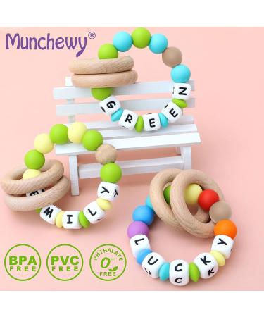 Personalized Name Baby Rattle Teether Ring | Customizable Silicone Chew Bracelet | Natural Organic Beech Wood Teething Rings | Baby Boys and Girls Teether Toys | Light Pink/Light Purple - Buy Online on GoSupps.com