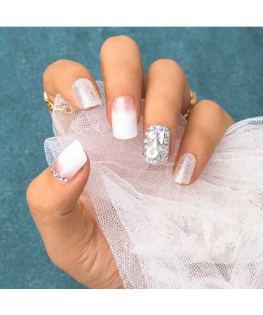 Sethexy White Glossy Squoval False Nails | 24ct Sparkle Rhinestone Acrylic Press-On Fingernails with Glue for Women & Girls - International Shipping Available - Buy Online on GoSupps.com